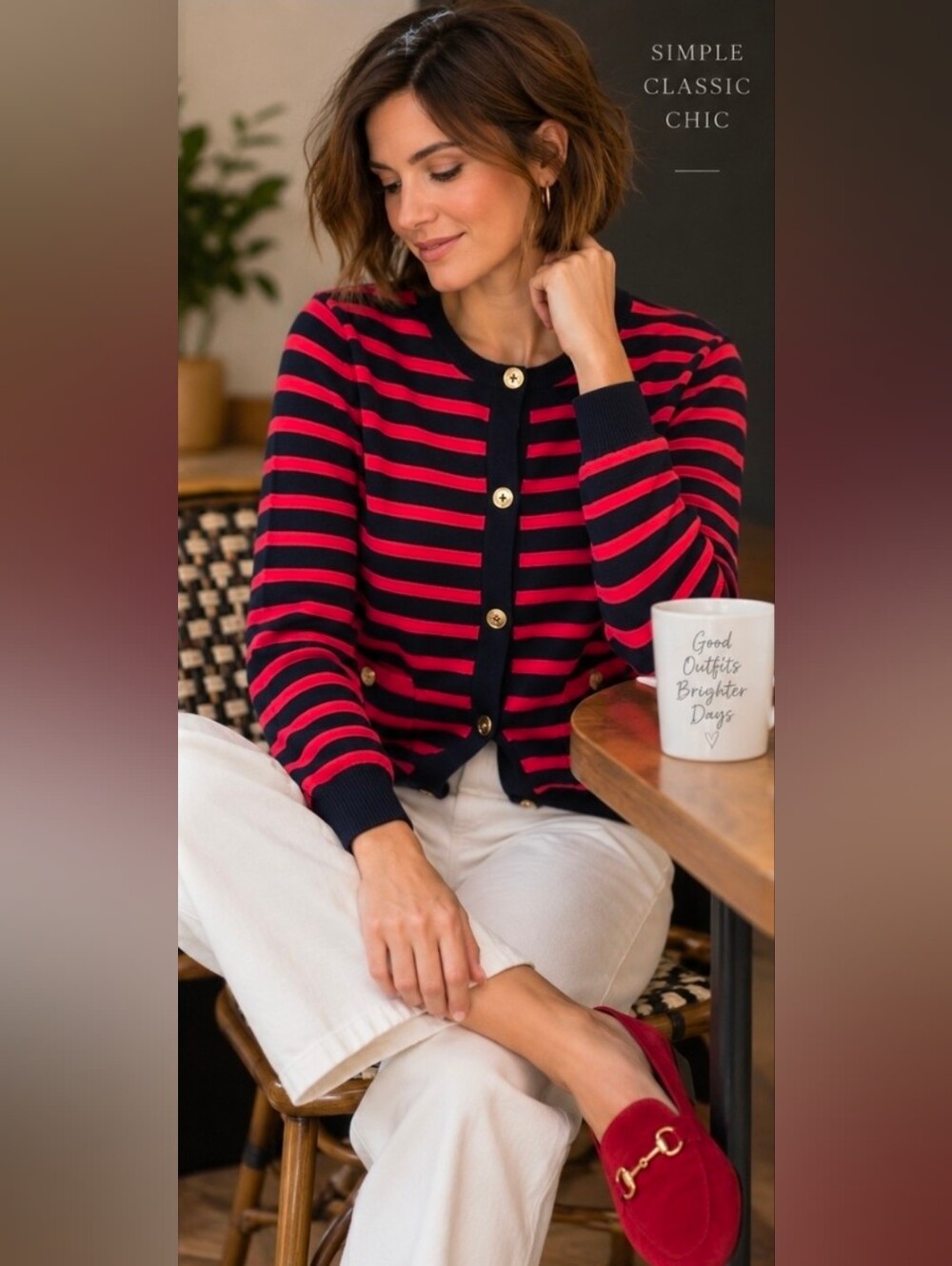J Jill Wearever Collection Button Down Cardigan Navy Red Stripes Sz Large